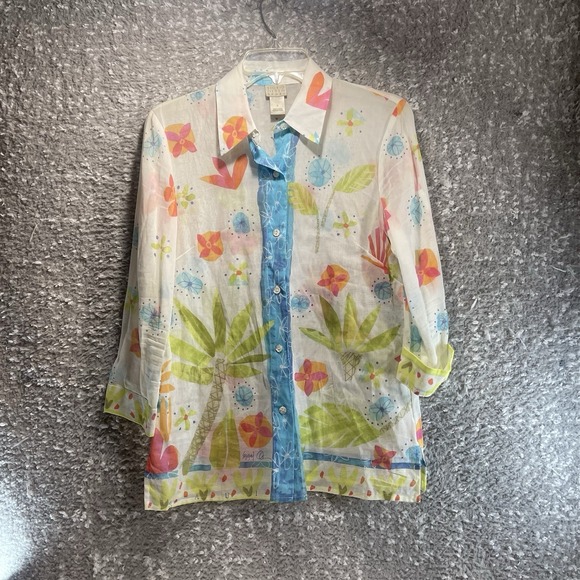 Sigrid Olsen Tops - Sigrid Olsen Sport Long Sleeve Button Up Blouse Semi-sheer Aloha Colorul Beach S